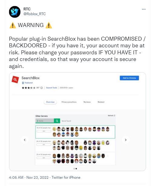 Backdoored Chrome extension installed by 200,000 Roblox players