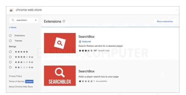 Malicious SearchBlox extension installed by Roblox players