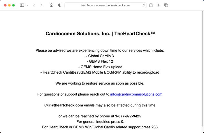 Cardiocomm Aviso En Sitio Web Sobre Servicios Caidos.