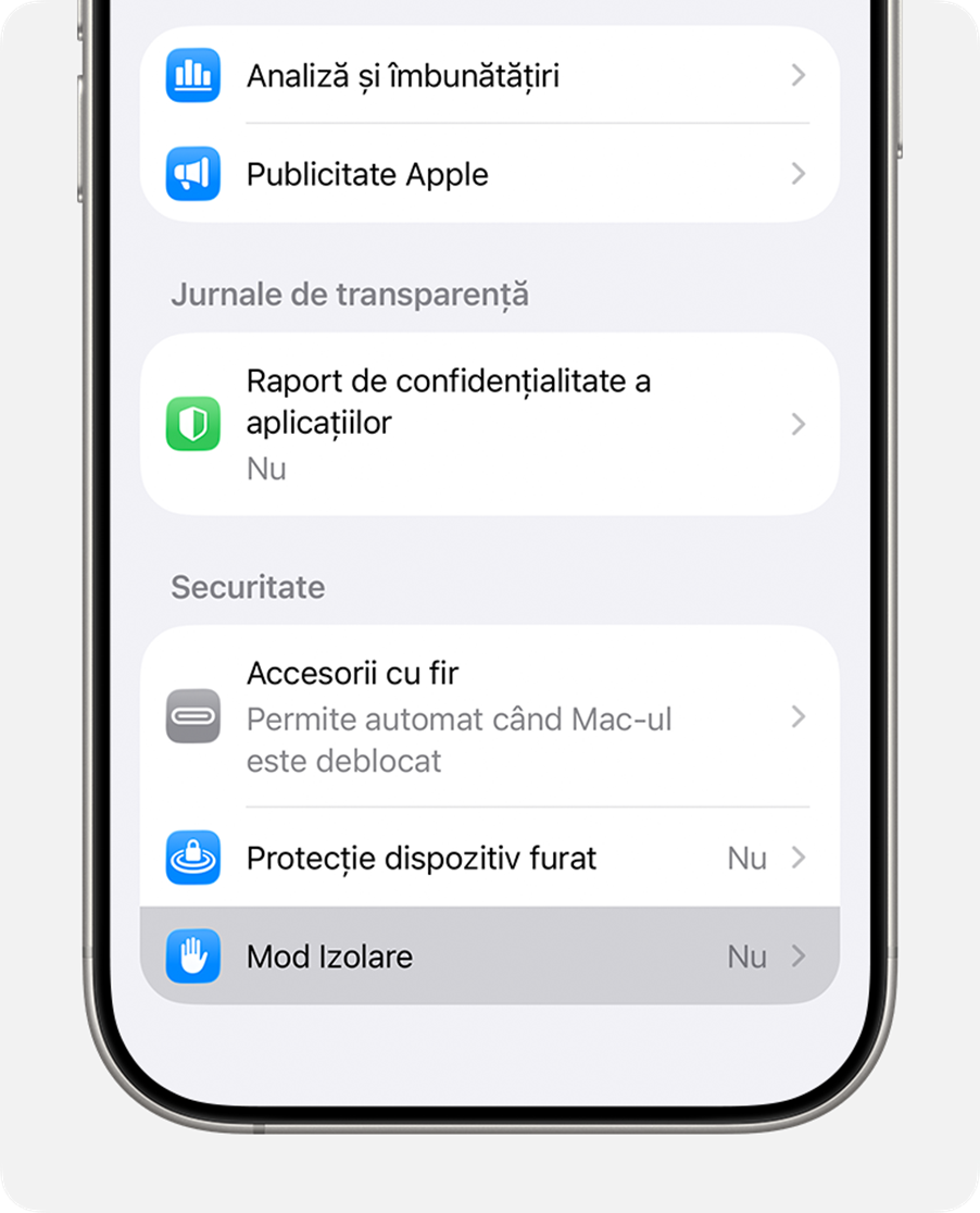 Modul Izolare în configurările de Intimitate și securitate de pe iPhone.