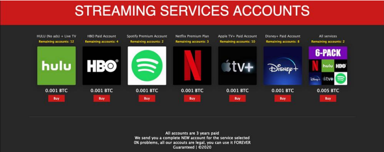 Streaming services sellting for just a few dollars on the Dark Net