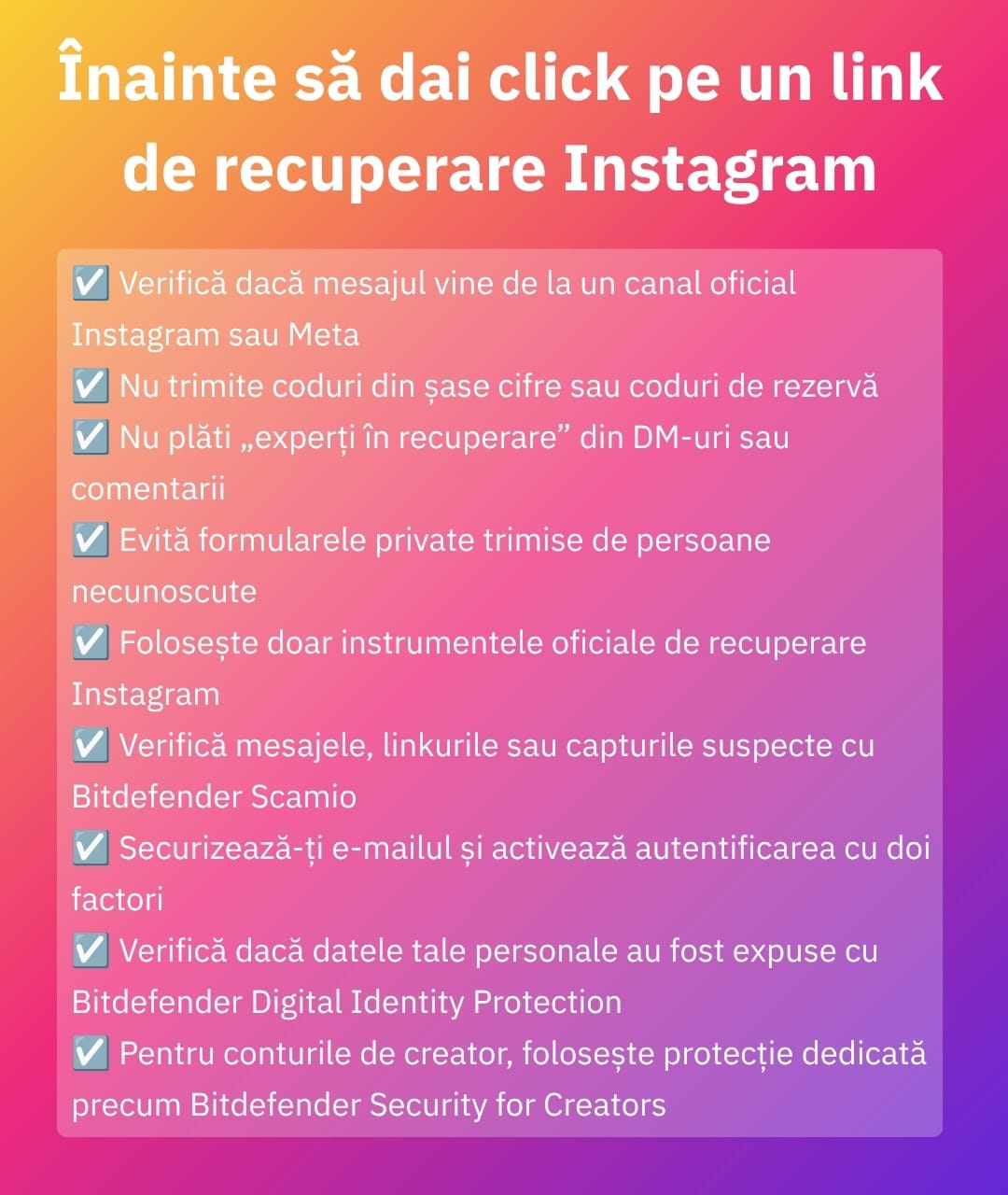 Ilustrație cu un mesaj fals de recuperare Instagram pe ecranul unui telefon, arătând cum escrocii se dau drept suport pentru a fura conturi.