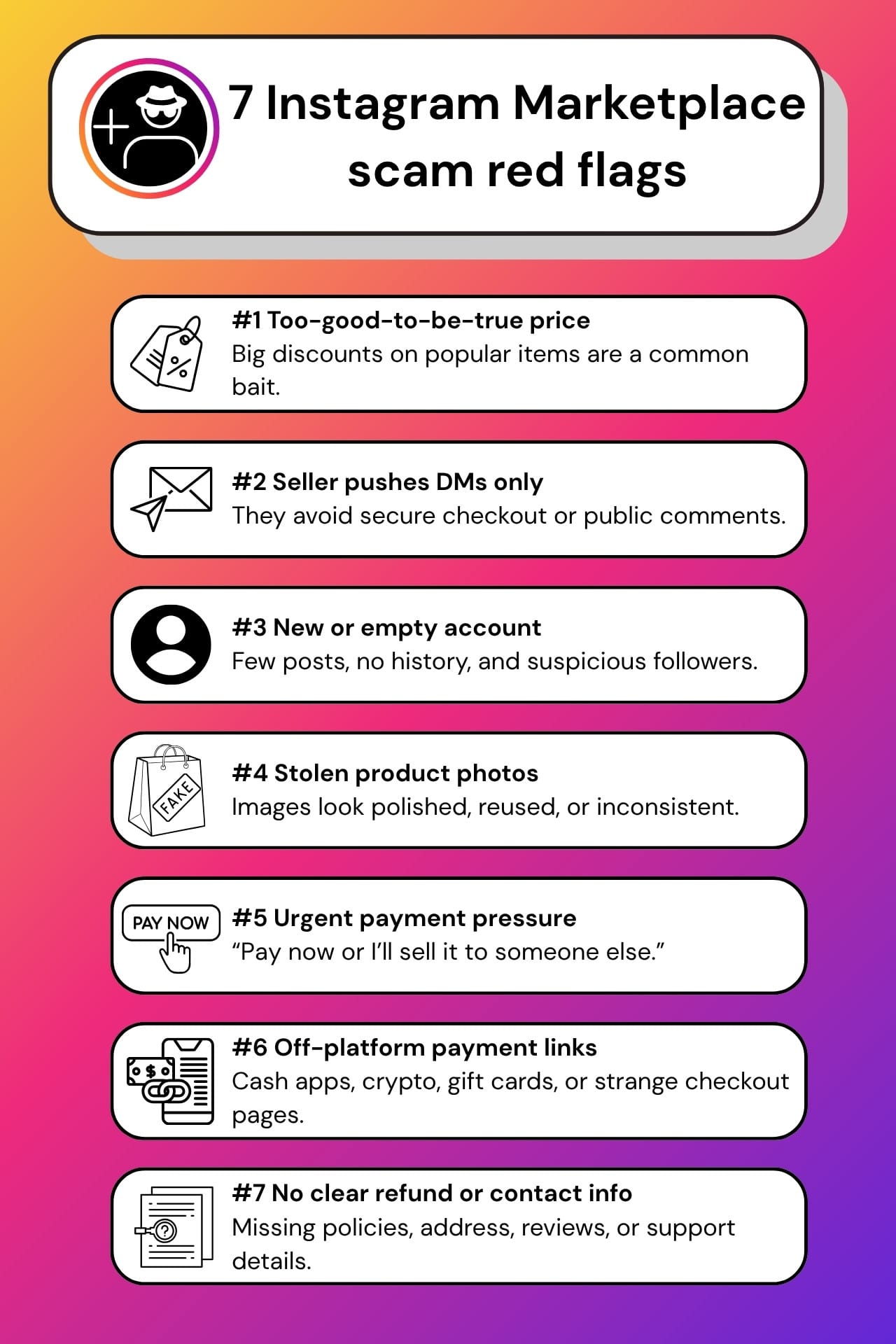 Checklist showing seven Instagram marketplace scam red flags including fake shops, payment pressure, and suspicious sellers.