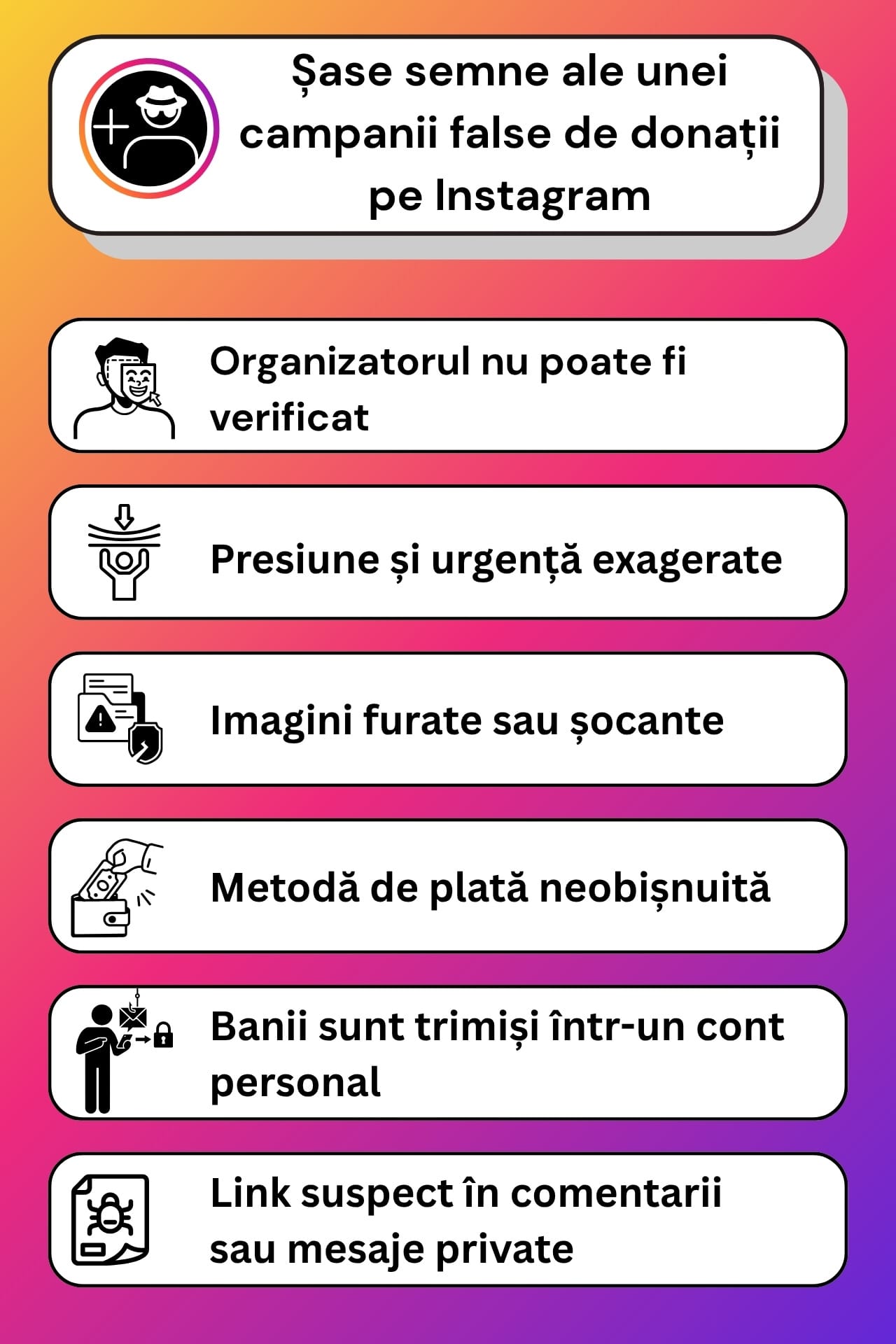 Șase semne care pot indica o campanie falsă de donații sau caritate pe Instagram.