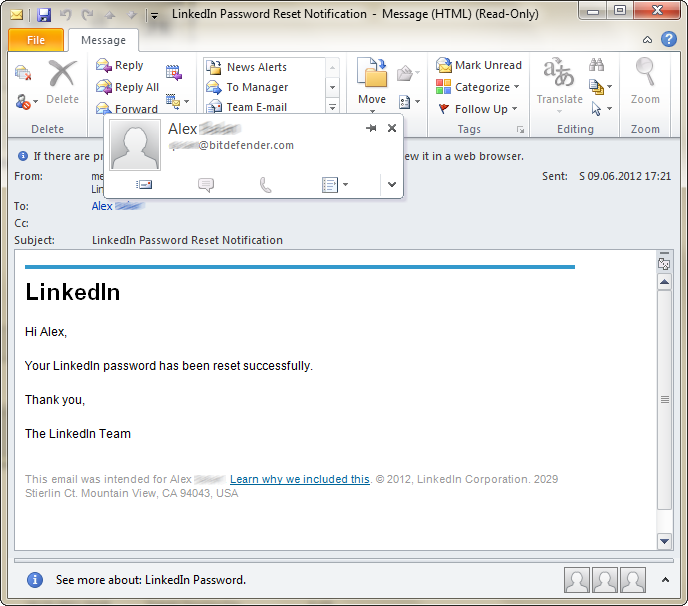 LinkedIn Password Change Notification Randomly Sent to Previous Employers
