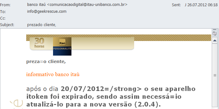 Brazilians Continue Under Heavy Phishing Attack with Banco Itau, Bradesco Impersonations