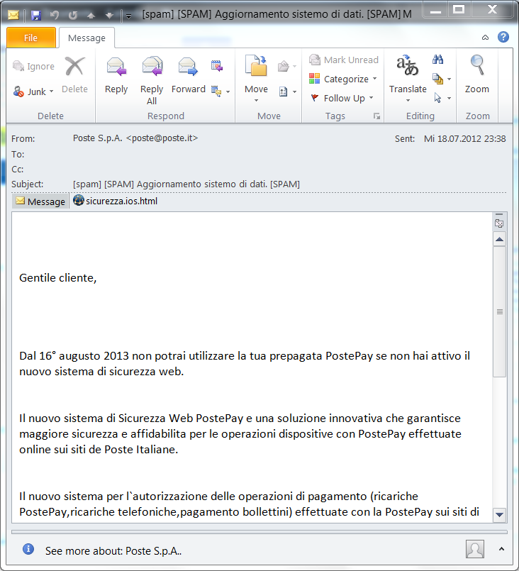 "Activate the new security system" is a phishing scam targeting Italians