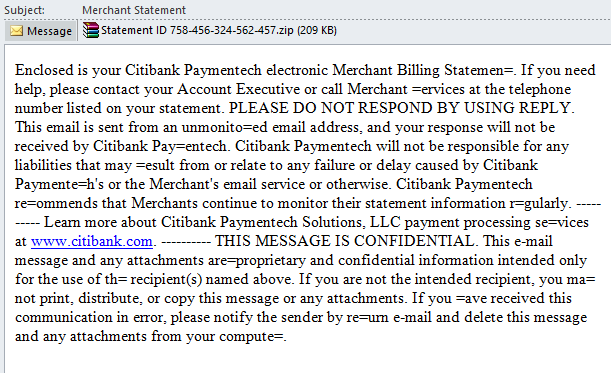 Citibank Paymentech Electronic Merchant Billing Statement Spam Infects Users with ZBot