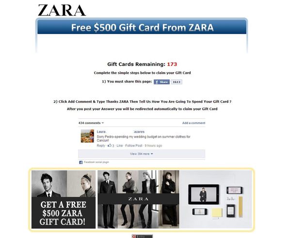 Facebook Users Scammed with Fake Zara, H&M,  Gift Cards