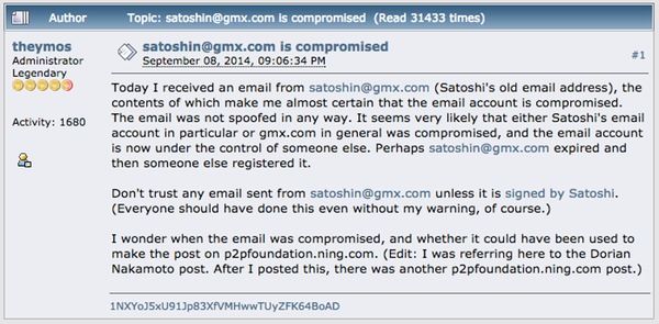 Bitcoin founder Satoshi Nakamoto`s email apparently hijacked