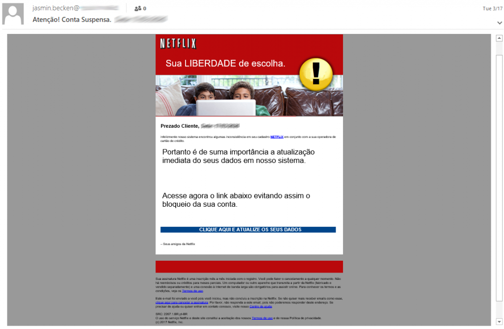 Cuidado: email falso da Netflix diz que sua conta foi suspensa